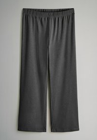 Graue weit geschnittene Hose aus weichem Stoff, mit einem elastischen Bund und einer glatten Oberfläche, geradem Schnitt und ohne Taschen.