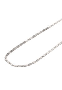Srebrny naszyjnik z łańcuszka o owalnych ogniwach, wykończony na gładko, charakteryzujący się gładką teksturą i jednolitym designem. Brak widocznego zapięcia lub ozdób.