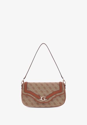 Bruine schoudertas van stof met een gestructureerd patroon, gebogen leren accenten in bruin en metalen logo hardware. Verstelbare schouderband bevestigd.