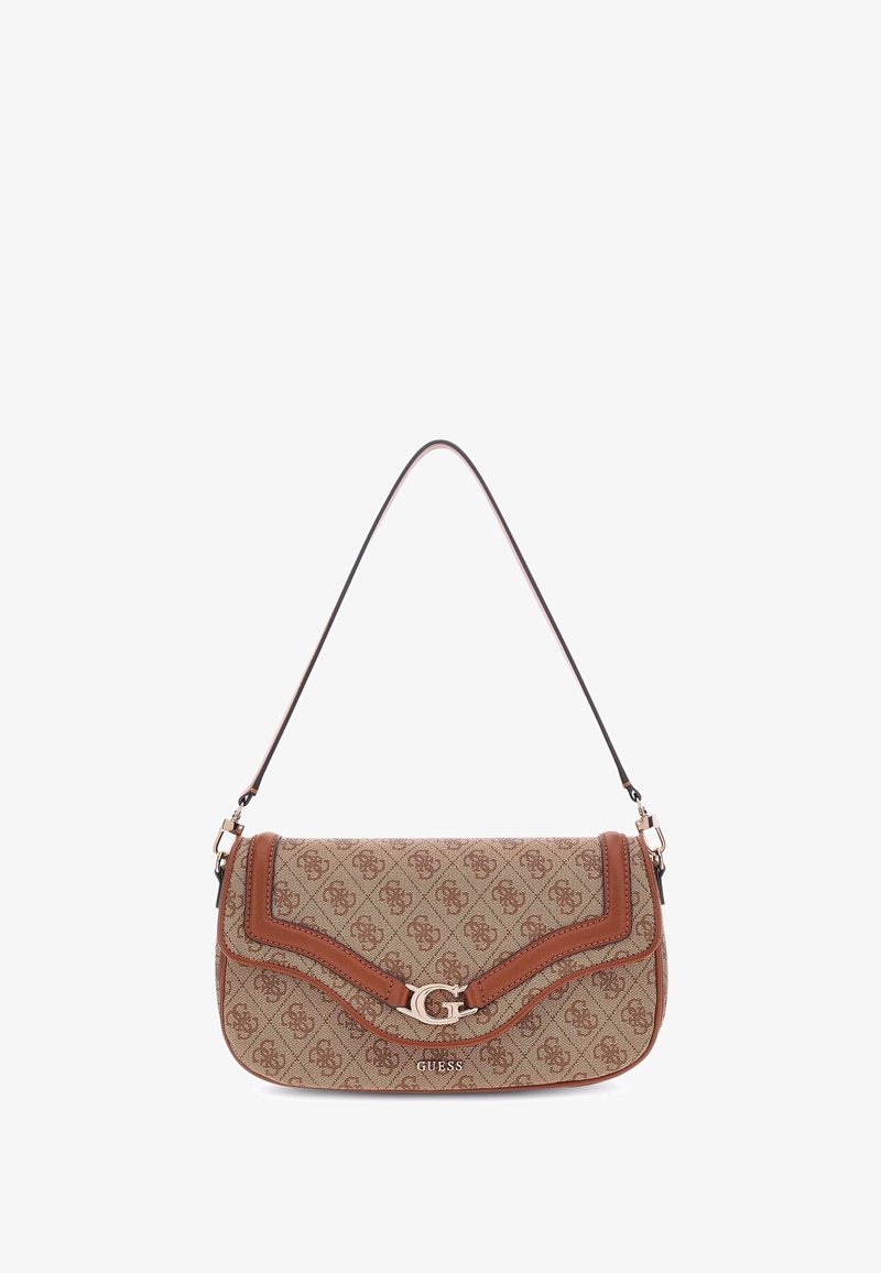 Bolso de hombro de tela marrón con un patrón texturizado, detalles en cuero marrón curvados y herrajes metálicos con logo. Correa ajustable adjunta.