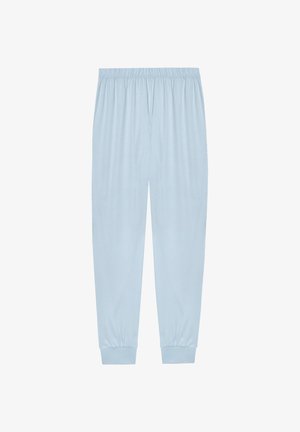 Light blue elastic waist jogger pants with cuffed ankles, made from soft, lightweight fabric.