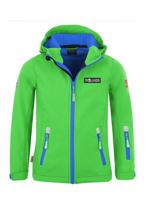 Green waterproof jacket with a blue interior, front zippers, side pockets, and a logo on the chest. Features a hood and contrasting accents.