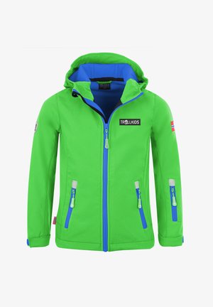Green waterproof jacket with a blue interior, front zippers, side pockets, and a logo on the chest. Features a hood and contrasting accents.