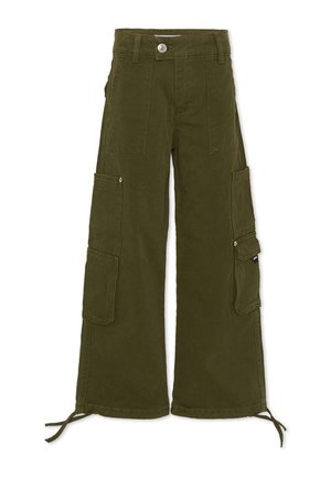 Pantaloni cargo verde oliva con un design a gamba larga, numerose tasche laterali, chiusura a bottone e polsini con coulisse. Realizzati in robusto tessuto di cotone.