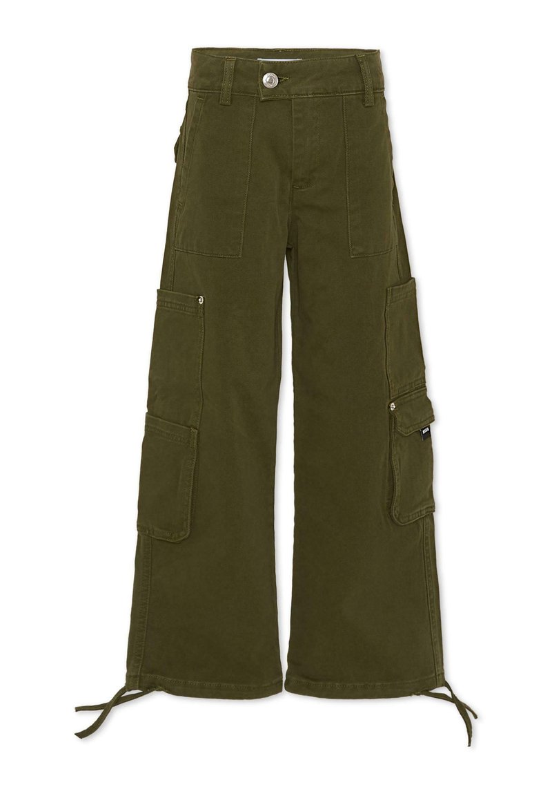 Olijfgroene cargobroek met een wijde pasvorm, meerdere zijzakken, knoopsluiting en verstelbare cuffs met touw. Gemaakt van stevig katoen.