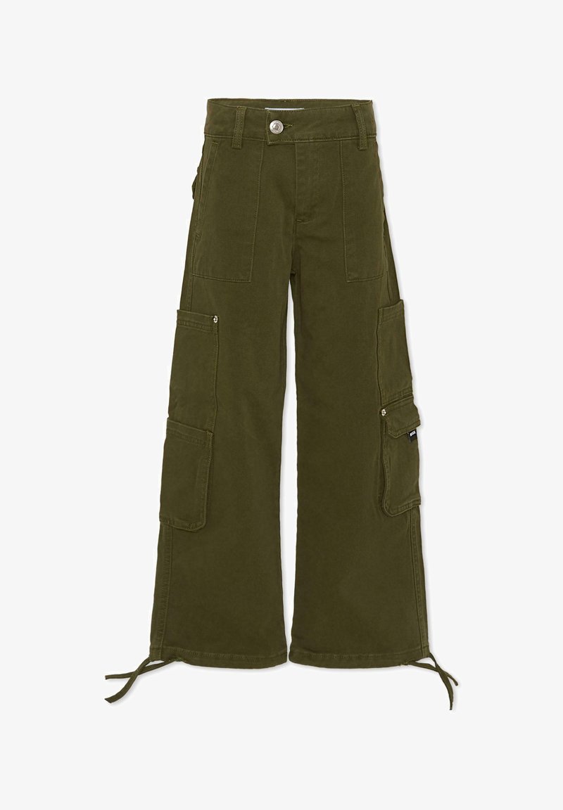Pantaloni cargo verde oliva con un design a gamba larga, numerose tasche laterali, chiusura a bottone e polsini con coulisse. Realizzati in robusto tessuto di cotone.