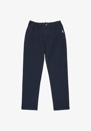 Pantalones azul marino de pierna recta con cinturilla elástica, botón frontal, trabillas para cinturón y bolsillos laterales.