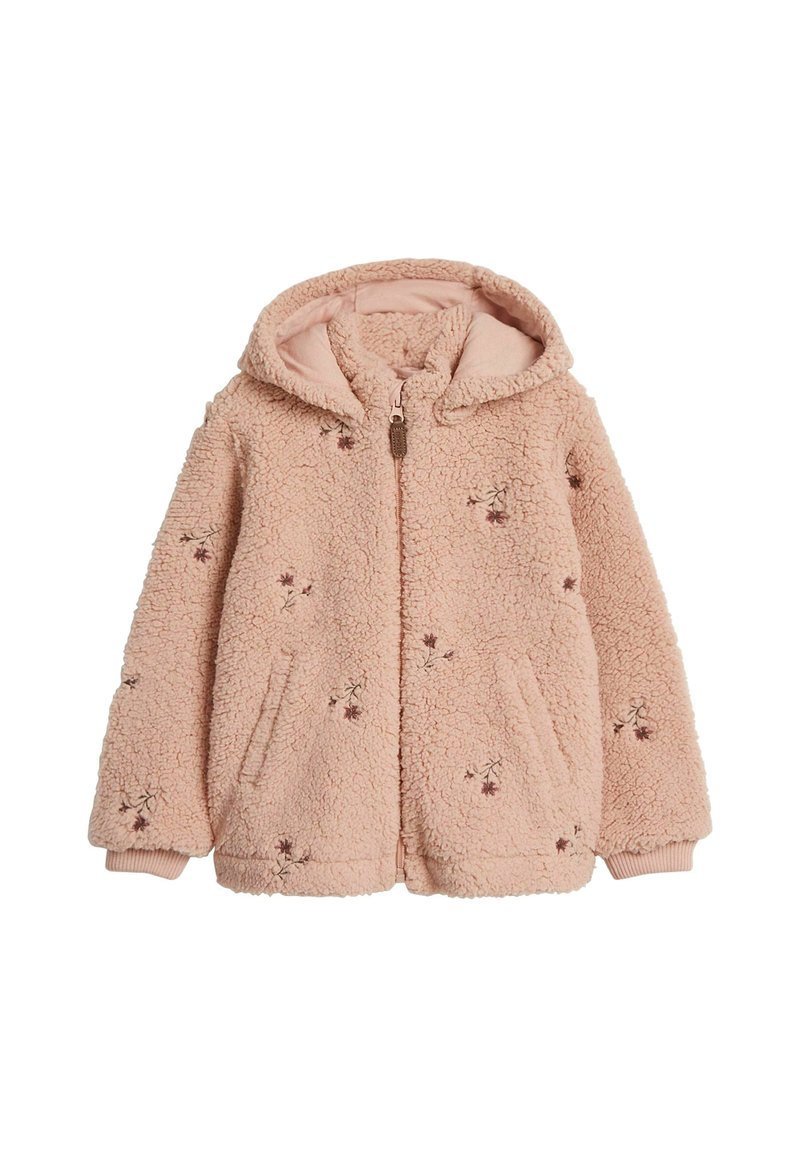 Rosa fluffig fleecejacka med huva, dragkedja, framfickor och broderade blommor framtill. Mjuk textur hela vägen.
