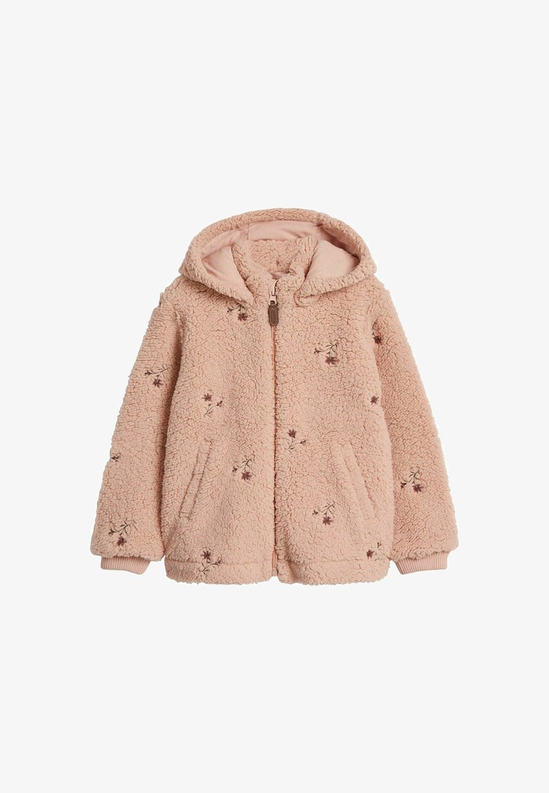 Vaaleanpunainen pörröinen fleece-takki, jossa on huppu, vetoketjusulku, etutaskut ja brodeeratut kukkakoristeet edessä. Pehmeä rakenne kauttaaltaan.