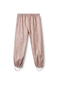 Rožinės kelnės su gėlių raštu, elastingu liemeniu ir surinktomis kutomis. Medžiaga blizgi, ant vienos kojos yra logotipas.