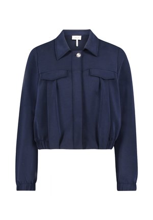 Marineblå kort jakke med krave, to forlommer med klap og en dekorativ knap. Blødt stof med en glat tekstur og elastisk kant.