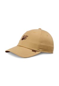 Casquette de baseball kaki avec motif de cacahuète brodé et texte noir, visière incurvée, sangle ajustable et œillets brodés pour la ventilation.