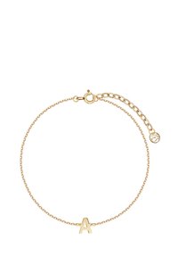 Złocisty bransoletka z delikatnym łańcuszkiem, z wyraźną literą "A" i zapięciem typu homar, ozdobiona małym okrągłym zawieszką.