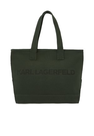 Sac cabas rectangulaire vert foncé avec deux poignées et logo "Karl Lagerfeld" discret au centre avant.