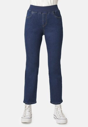 Jeans de mezclilla con una cinturilla elástica alta, en azul oscuro. Cuenta con dos bolsillos frontales y un diseño de pierna recta con un dobladillo ligeramente marcado.