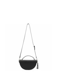 Borsa a tracolla in pelle nera, forma a mezzaluna, con manico superiore, tracolla regolabile e dettaglio decorativo con nappina. Texture liscia, design minimalista.