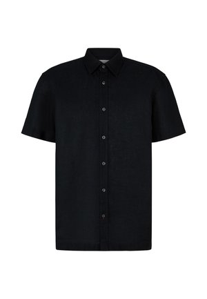 Short-sleeve black shirt made of textured fabric, featuring a button-up front, pointed collar, and a straight hemline.