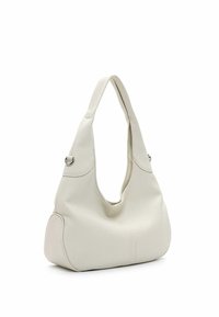 Borsa hobo in pelle bianca con superficie testurizzata, ampia tracolla e senza hardware visibile; forma arrotondata con design senza cuciture.