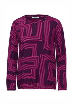 Langärmliges Oberteil in Dunkellila mit einem rosa geometrischen Linienmuster. Mit gerafftem Halsausschnitt und elastischem Saum. Weicher, elastischer Stoff.