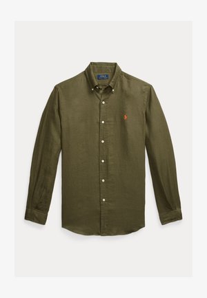 Olivno zelena lanena srajca z gumbi, klasičnim ovratnikom, dolgimi rokavi in majhnim vezenim logotipom na levi strani prsnega koša.