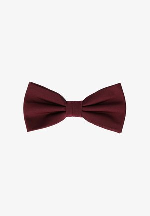 Burgundy bow tie made of smooth fabric, featuring a classic shape with a central knot and wide, symmetrical wings.