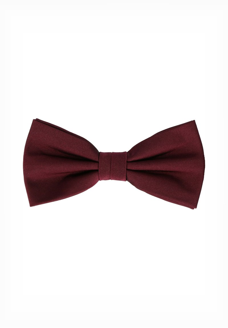 Burgunderfarbige Fliege aus glattem Stoff, mit klassischer Form, zentralem Knoten und breiten, symmetrischen Flügeln.