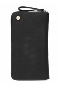 Portafoglio in pelle nera con superficie testurizzata, chiusura con zip, tracolla e un piccolo dettaglio metallico con un logo circolare.