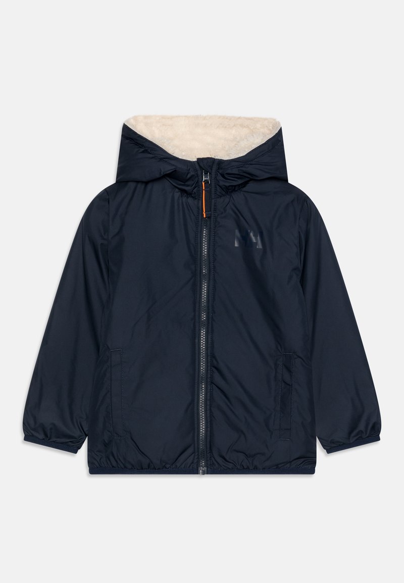 Giubbotto blu navy con cappuccio, dotato di una morbida fodera beige, chiusura con zip, tasche laterali e un accento arancione sul tirante della zip.