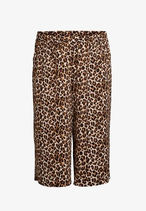 Leopardimustriga lühikesed püksid heles beežis tumedate printidega, millel on mugav lõige ja elastne vöökoht.
