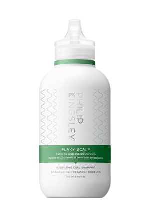 Philip Kingsley Flaky Scalp feuchtigkeitsspendendes Shampoo für lockiges Haar, Flasche weiß mit grünem Etikett, 250 ml, entwickelt zur Beruhigung der Kopfhaut und Pflege der Locken.