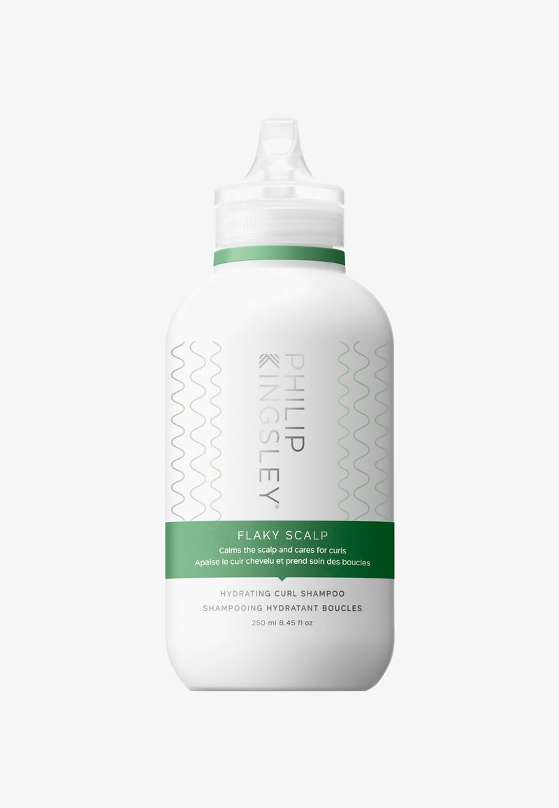 Bouteille de shampooing hydratant pour boucles et cuir chevelu squameux Philip Kingsley, blanche avec étiquette verte, 250 ml, conçue pour apaiser le cuir chevelu et prendre soin des boucles.