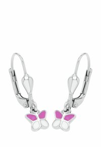 Orecchini a lobi in tono argento con design a farfalla e dettagli in smalto rosa e bianco. Forma semplice con finitura lucida.