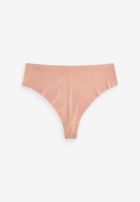 Bezšvové dámske tangá telovej farby s hladkým povrchom, zobrazené rozložené na bielom pozadí.