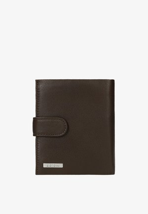 Dark brown leather wallet with stitched tab closure and small silver metal brand logo on front lower left corner.
