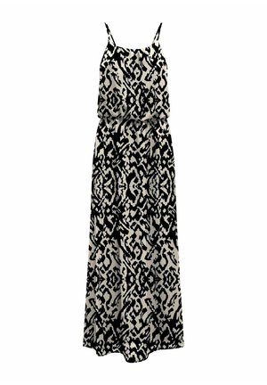 Maxikjole i sort og beige med leopardmønster, spaghetti-stropper og en afslappet pasform med en indsnævret talje.