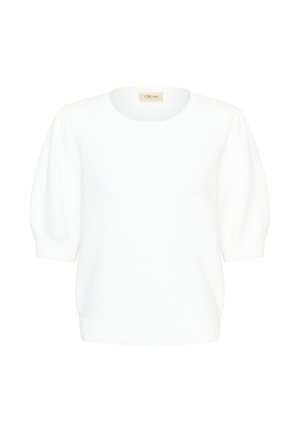 Weißes kurzärmeliges Strickoberteil mit rundem Ausschnitt und leicht aufgebauschten Ärmeln, innen am Kragen mit der Aufschrift „CREAM“.