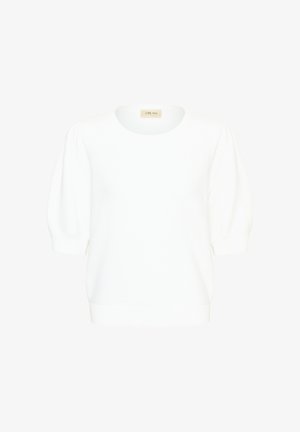 Valge lühikeste varrukatega kootud pluus ümara kaelakaarega ja kergelt punnis varrukatega, millel on sildil „CREAM“ krae sees.