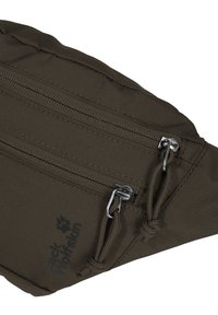 Sac banane Jack Wolfskin vert foncé avec deux compartiments zippés et des cordons de traction sur les curseurs métalliques des fermetures éclair.