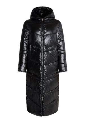 Long black puffer coat with a hood, shiny outer material, zip closure, and two side pockets; features a quilted diagonal pattern.