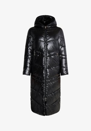 Long black puffer coat with a hood, shiny outer material, zip closure, and two side pockets; features a quilted diagonal pattern.