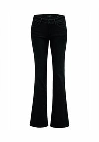 Jeans de mezclilla negra con cintura de altura media, cinco bolsillos, cierre de botón y cremallera, y diseño de pierna ligeramente acampanada.