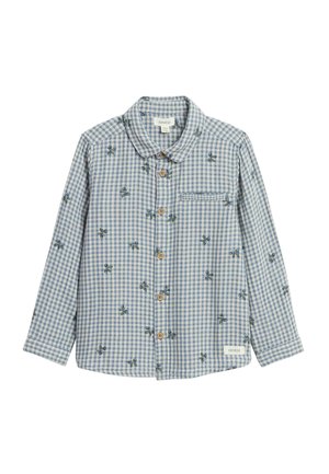 Blauw-wit geruit overhemd met lange mouwen, houten knopen, kleine geborduurde bloemmotieven, borstzak aan de voorkant en kraag.