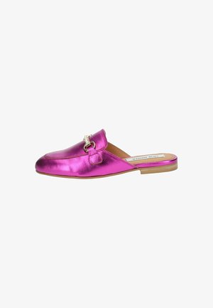 Pink metallic slip-on loafer with a rounded toe, featuring a decorative gold-tone accent and a flat sole. Smooth texture throughout.