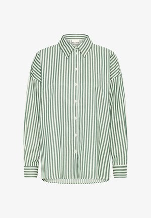 Camicia a righe verde e bianca con colletto, maniche lunghe e orlo curvo. Le righe verticali presentano larghezze e trame differenti.
