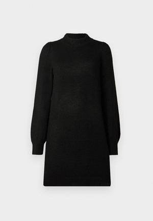 Abito in maglia nera con scollo alto e maniche lunghe a sbuffo. Design e texture semplici, con un taglio dritto. Nessun motivo o accento.