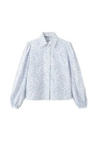 Blouse bleu clair à manches longues avec motif abstrait blanc, fermeture à boutons devant, col et poignets froncés.