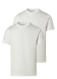 Weiße Baumwoll-T-Shirts mit Rundhals und Kurzarmen, die ein einfaches Design ohne Muster aufweisen. Verkauf im Set von zwei.