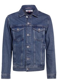 Denim takki keskisinisessä. Ominaisuuksiin kuuluu nappikiinnitys, kaksi rintataskua läppien kanssa, erottuva ompelu ja klassinen kaulussuunnittelu.