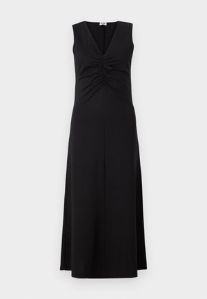 Black sleeveless dress with a V-neckline, gathered detail at the bust, and a flowy silhouette extending to the ankles. Smooth fabric texture.