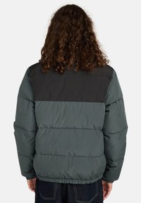 Una persona con capelli ricci indossa un giaccone imbottito grigio e nero, visto da dietro, abbinato a pantaloni in denim scuri.